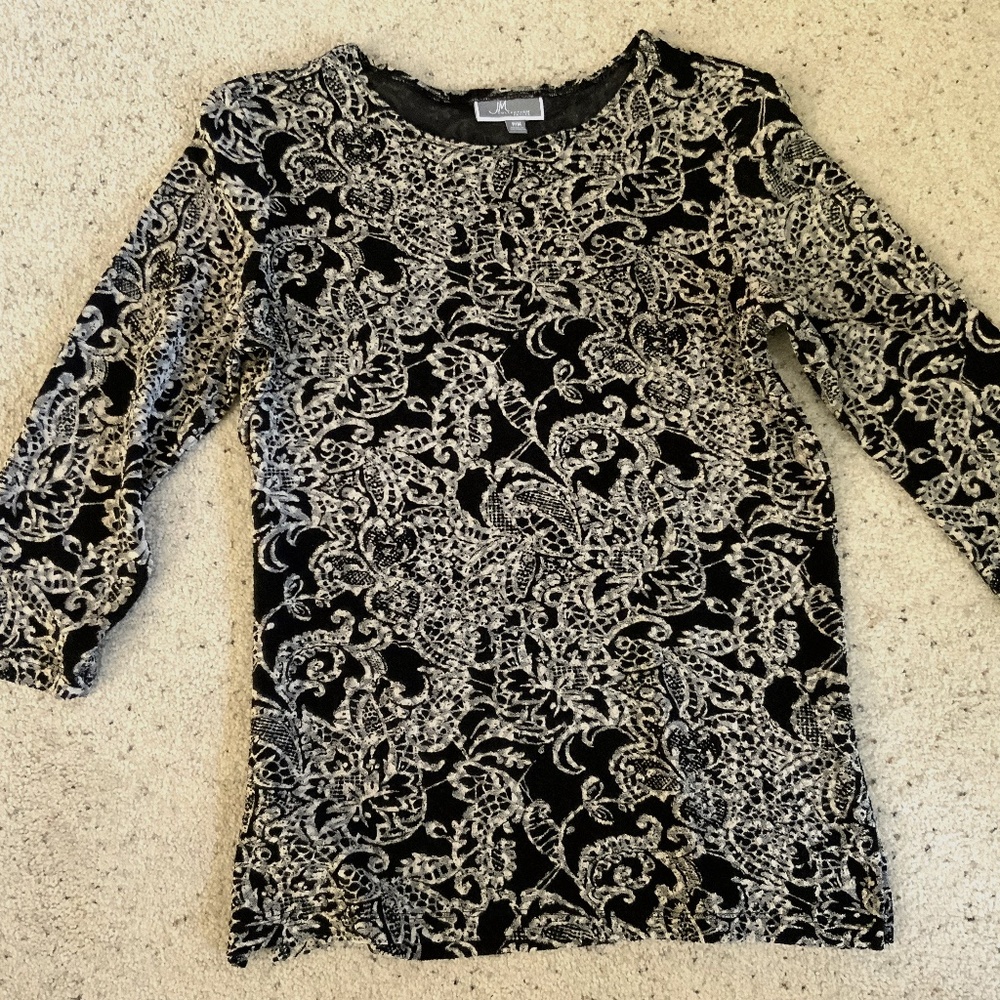 JM Collection Black and Cream Paisley-Print Long Sleeve Top